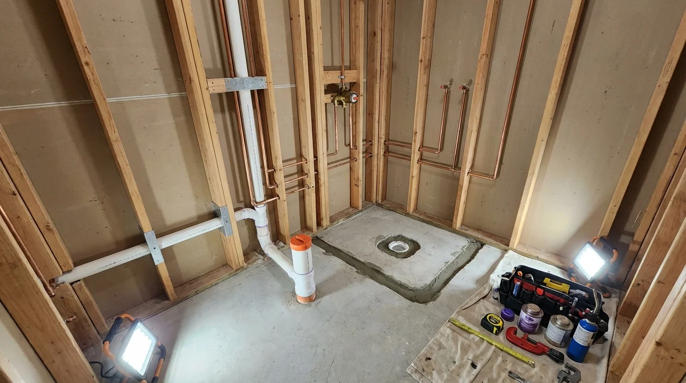 Bathroom rough-in plumbing during remodel by Johns Plumbing LLC in Hightstown