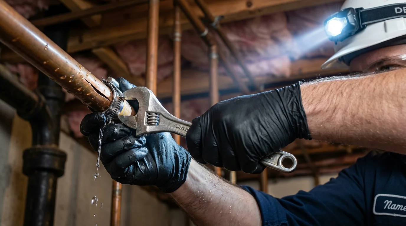 Emergency pipe clamp repair being performed by a Johns Plumbing LLC plumber in Hightstown
