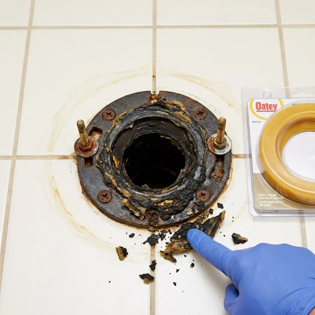 Failed wax ring showing water seepage at the base of a toilet in a Hightstown, NJ home