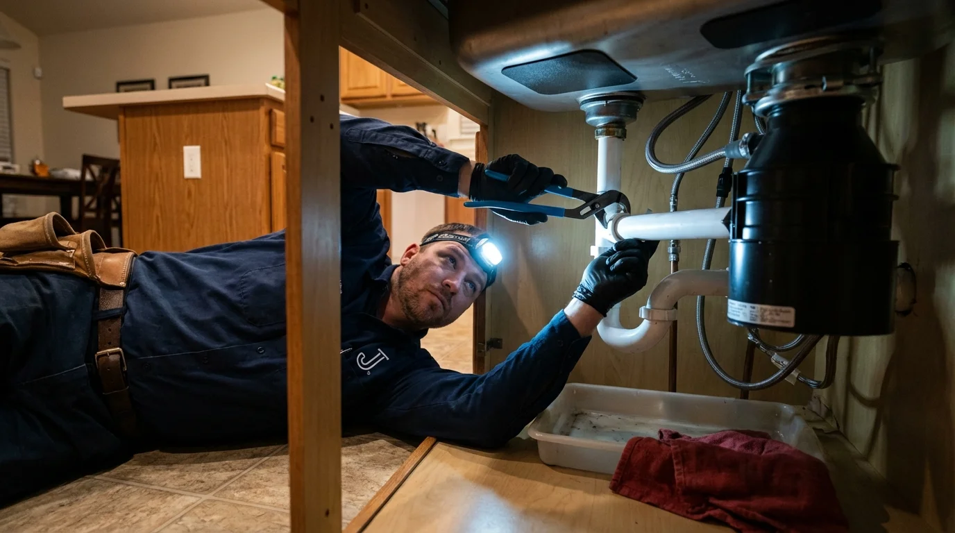 P-trap and supply line connections under a kitchen sink showing a common leak point in Hightstown, NJ
